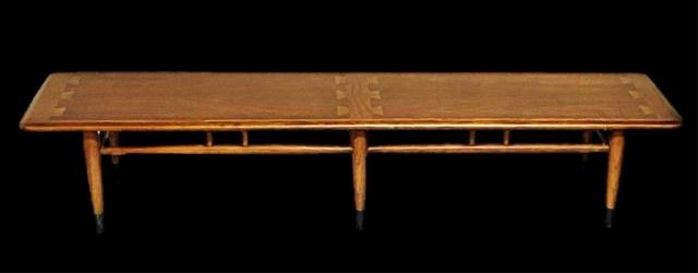 Mid Century Modern Surfboard Table, Lane Furniture: Mid Century Modern "Surfboard" Coffee Table, Lane Furniture Co. Table with dovetailed decoration at middle and ends, six legs with stretchers. Underside signed "Lane Altavista Virginia" with model num