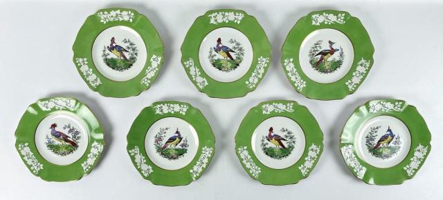 Hand Painted Porcelain Plates Copeland Spode (7pc): Collection of Seven Antique Hand Painted Porcelain Plates, Signed "COPELAND SPODE". Hand decorated "Bird of Paradise" pattern plates with raised foliate decoration and gilt embellishment. Excellent co