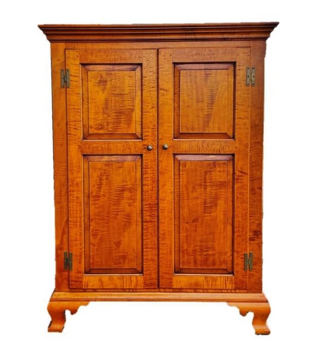 Contemporary Maple Cabinet, Eldred Wheeler: Contemporary Tiger Maple Cabinet, Signed, Eldred Wheeler. Cabinet with two door opening at top with space below. Top with moulding, bracket base brass hardware. Excellent condition, measures: 60" H x