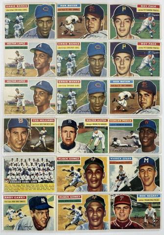 Collection Topps Baseball Cards, 1956 (268pc): Collection of Two Hundred Sixty-Eight Topps Baseball Cards, 1956. The 1956 set issued by Topps was 340 cards. This collection is partial with some duplicates but includes HOF players Mickey Mantle, Te