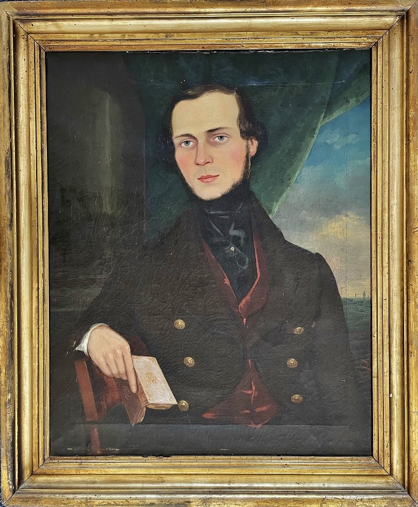 19th C. American Folk Portrait of Gentleman: Early 19th C. American Federal Period Folk Portrait of a Gentleman with a Book. Oil on canvas painting of a bearded young man seated while holding a book. Background with pillar, curtain and window wi