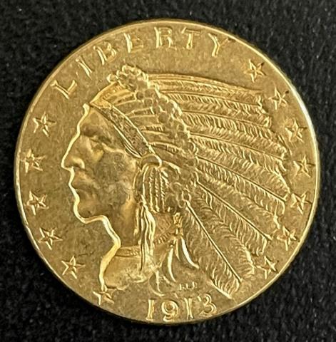 1913 Indian Head $2.50 Gold Coin, AU (1 of 2)