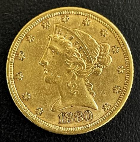1880 Liberty Head $5.00 Gold Coin, XF/AU (1 of 2)