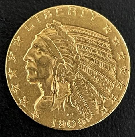 1909 D Indian Head $5.00 Gold Coin, AU (1 of 2)