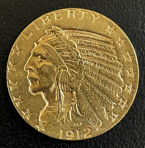1912 S Indian Head $5.00 Gold Coin, AU (1 of 2)