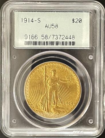 1914 S Saint Gaudens $20.00 Gold Coin, PCGS AU58 (1 of 4)