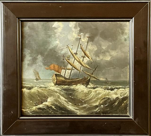 Antique Oil Painting, Ship at Sea, H.M. Luheesten: 18th/19th C. British Oil on Board Painting of a Ship in Heavy Seas, Signed "H.M. Luheesten". Image of British flagged three-masted warship at sea with ships in background. Painting set in wooden frame