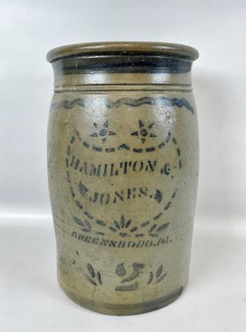 19th C Stoneware Hamilton And Jones Shield Pattern: 19th C Stoneware Crock, Signed, Hamilton And Jones. Cobalt decoration, shield pattern. "Hamilton & Jones" of Greensboro, PA." Excellent condition, measures: 12" H X 7.25" D.