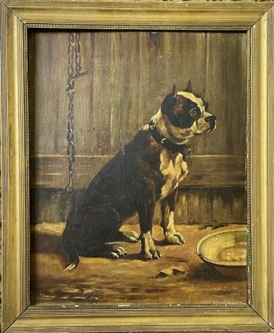 Oil on Board Painting, Boston Terrier, Slader: Antique Oil on Board Painting, Signed "SLADER", image of a Boston Terrier sitting. Good condition with surface craqueleur, set in wooden frame (frame with losses), measures: 26" H X 22" W, image: 19.7
