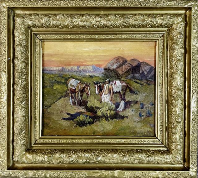 Oil on Canvas Painting, Western Native Scene: Antique Oil on Canvas Painting of American Indian Scene. Painting depicts native figure with horses and a Western landscape. Good condition, set in moulded gilt wooden frame, measures: 18" H X 19.75"