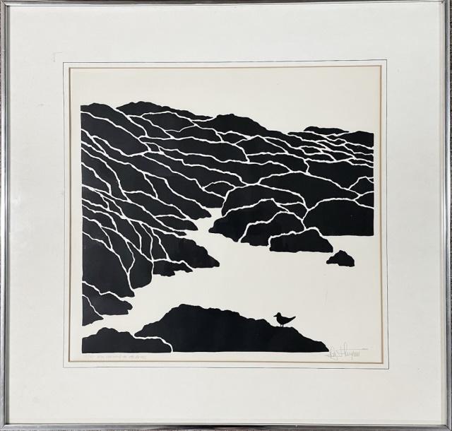 Block Print on Paper, "New England on the Rocks": Block Print on Paper, Titled "New England on the Rocks" signed by American artist and cartoonist "Ray Thompson" (1905-1982). Framed under glass, measures: 26.25" H X 27.25" W, image: 18" H X 19" W.