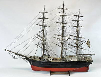 Antique Ship Model, J.A. Fuller, Boston: Antique, circa 1900 Scratch Built Ship Model, Identified as the "J.A. Fuller" Boston. Extremely detailed model of a three masted vessel fully rigged with hand tied lines and chain, with carved wooden