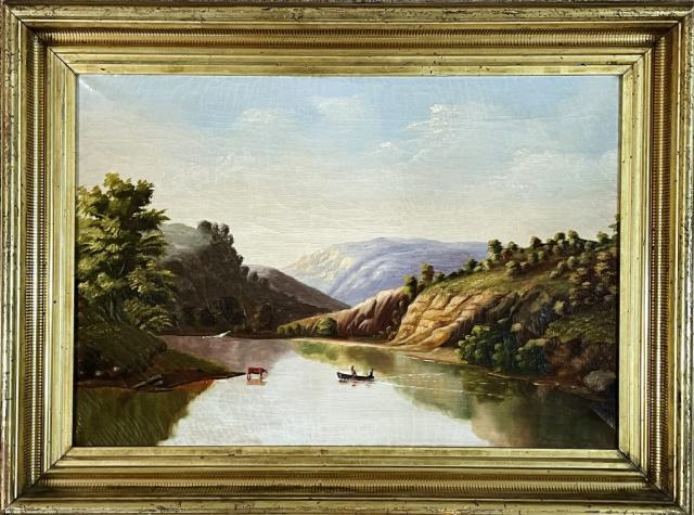 19th C. Oil on Canvas Hudson River School Painting: 19th C. Oil on Canvas Painting. Hudson River School. Painting of a mountainous landscape with body of water, figure of a man in a boat approaching a cow. Good condition, set in wooden frame, measures: