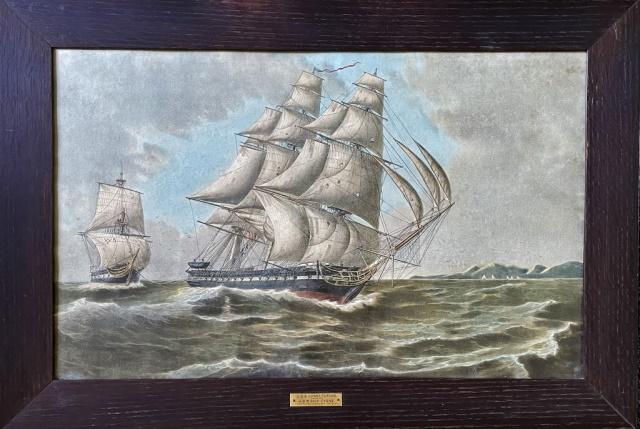Antique Lithograph, U.S.S. Constitution: Antique Lithograph, Titled "U.S.S. Constitution towing H.B.M. Ship Cyane Captured February 28, 1815". Polychrome lithograph, set in oak frame under glass with brass tag. Excellent condition, measures: