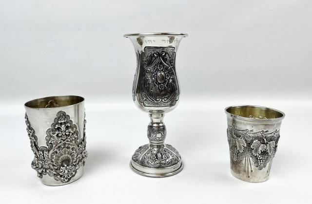 Judaica Silver Repousse Kiddush Cups (3pc) (1 of 6)