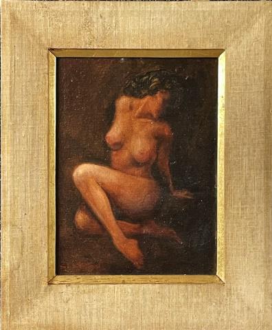 Oil on Canvas Painting, Female Nude: Oil on Canvas Painting of a Female Nude. Painting illegibly signed lower left corner. Good condition, set in gilt wooden frame, measures: 17" H X 14" W, image: 11.5" H X 8.5" W.