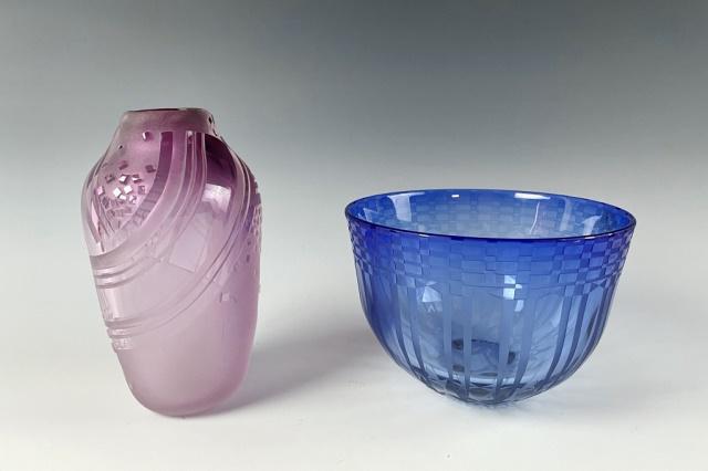 Etched Art Glass Bowl and Vase, Gary Ganetti (2pc) (1 of 7)