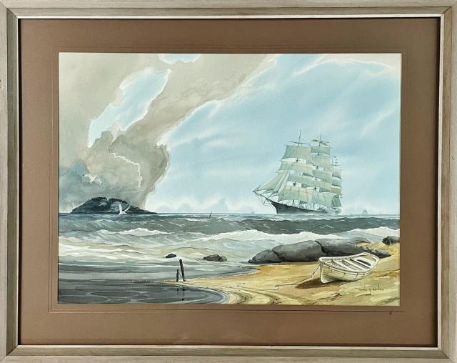 Watercolor on Paper, Earl G. Barlow (1923-2013): Watercolor on Paper Painting, Signed Lower Right Corner, "Earl G. Barlow", (Earl G. Barlow, American, 1923-2013). Painting of a sailing ship passing a shore with beached dory. Painting in good conditi