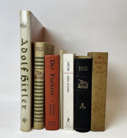 WW2 Adolf Hitler's Mein Kampf (9pc): Collection of Nine WW2 Themed, Adolf Hitler's Mein Kampf: (1) "Mein Kampf" von Adolf Hitler (Munchen: 1937), 8vo, 1/4 leather with marbled boards, 781pp. Gilt title on spine, with original box; (1) "M