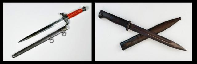 WW2 German Army Dagger, K98 Bayonet (2pc): World War Two German Army Officer's Dagger, K98 Bayonet : (1) Dagger with swastika removed. Steel blade, figural eagle cross guard and oak leaf decorated pommel with orange Bakelite grip with steel sc