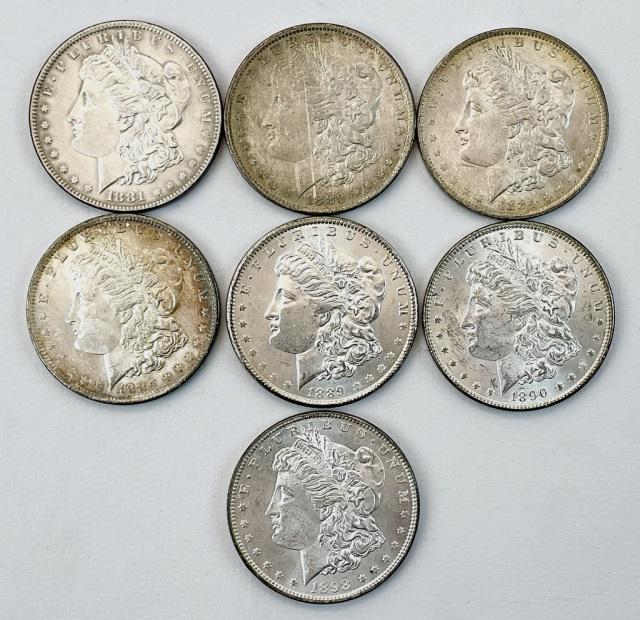 US Morgan Silver Dollars, Uncirculated (7pc) (1 of 8)