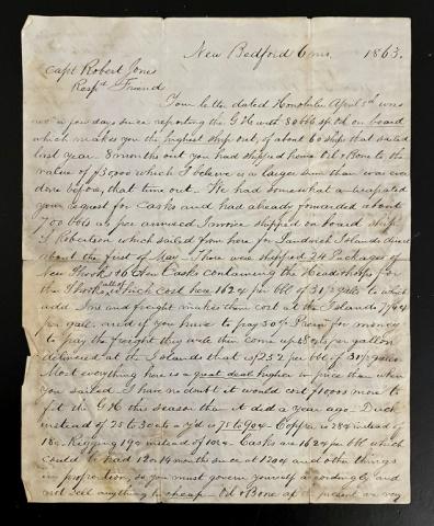 Civil War Whaling Letter, New Bedford, 1863: Civil War Era Whaling Letter, New Bedford , 1863: Two page letter in ink sent by M. Howland, New Bedford, 6mo [August] 1863 to "Captain Robert Jones" of the Whale Ship GH [George Howland] responding t