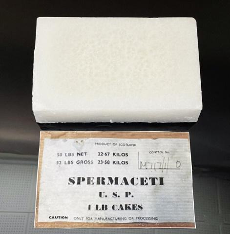 Block of Whale Spermaceti: One Pound Block of Spermaceti. Accompanied by facsimile of box label, stating "Product of Scotland".