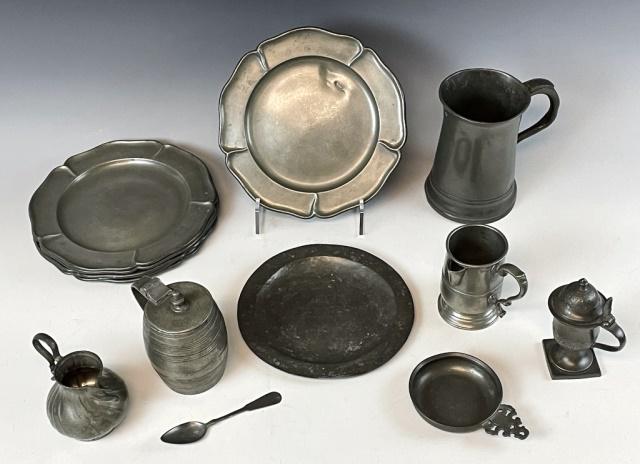 Collection, 18th-19th C Continental Pewter (14pc): Collection of Fourteen 18th and 19th C. Continental Pewter Vessels: (6) Pewter Plates with base hallmarks, (1) Barrel form lidded tankard, (1) Large tankard with hallmarks, (2) Small handled vessels, 