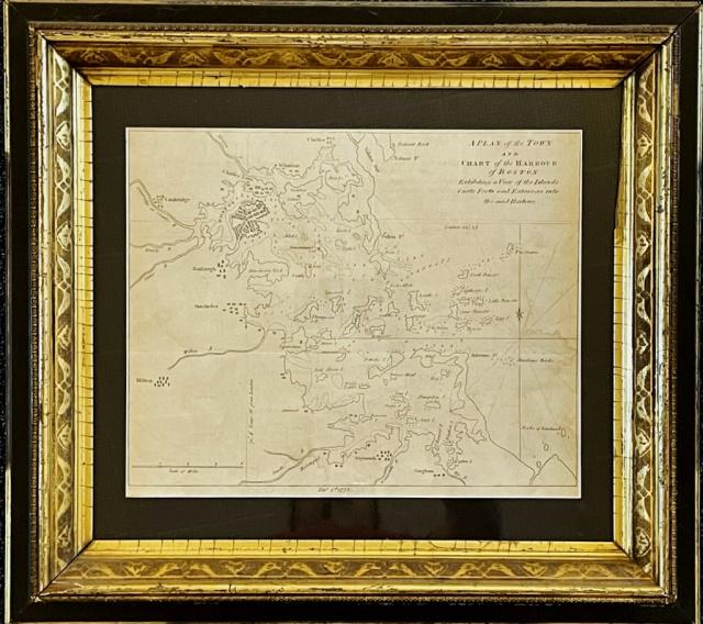 1775 Revolutionary War Map Boston Town and Harbor: 1775 Dated Map of Boston Harbor, Published in London Gentleman's Magazine. Map titled, "A PLAN of the TOWN AND CHART of the HARBOUR OF BOSTON Exhibiting a view of the Islands Castle Forts and Entrance