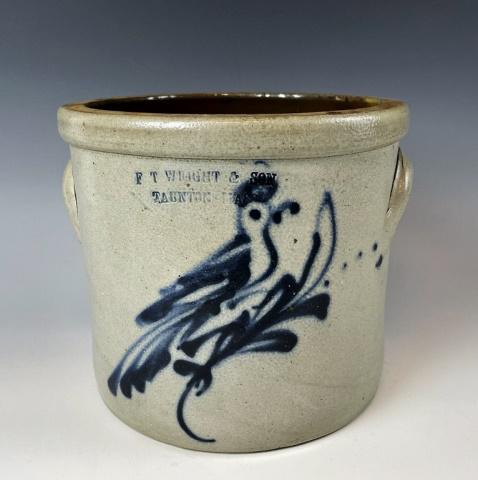 19th C. Stoneware Bird Decorated Crock, FT Wright: 19th C. Stoneware Decorated Crock, Signed "FT WRIGHT & SON TAUNTON MASS". Crock with cobalt bird decoration and salt glazed surfaces. Excellent condition with wear, measures: 7.5" H X 8.75" W X 8.5" D