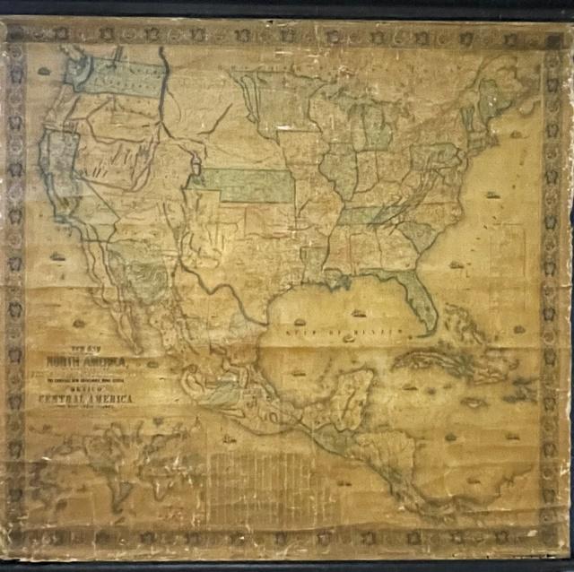 1854 Wall Map of North America, Jacob Monk: 1854 Dated Wall Map of North America, Jacob Monk. Detailed multicolored map of The United States, Canada and Mexico with Caribbean Islands. Decorative edge and illustrations of various ships at sea. G