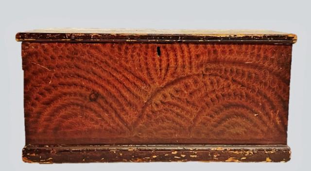 19th C. Grain Painted New England Blanket Chest: Early 19th C. New England Grain Painted Blanket Chest. Six board chest with hinged lid and interior till drawer. Surfaces with detailed grain paint, top emblazoned with "J. L. Mitchell". Good conditio