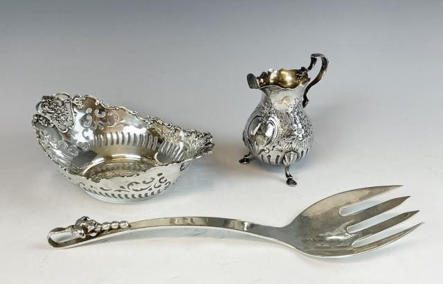 Antique Sterling Silver Pieces (3pc): Collection of Three Sterling Silver Pieces: (1) Reticulated neoclassical bowl, signed "Shreve Crump & Low" at base, (1) Rococo style creamer with English hallmarks, (1) Modernist serving fork, signed 
