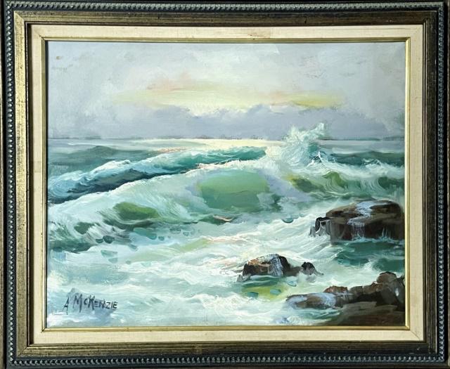 Oil on Canvas Painting, Seascape, A. McKenzie: Oil on Canvas Painting of Sea Breaking on Shore, Signed "A. McKenzie", (Artie McKenzie, American, b. 1957). Excellent condition, set in carved wooden frame, measures: 20.5" H X 24.75" W, Image: 15.5" 