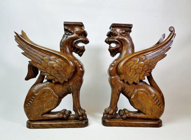 Antique Hand Carved Wooden Griffins (2pc): Antique Hand Carved Wooden Griffins. Likely English with detail relief carved details in neoclassic style. Good condition with losses to wing tips, measure: 15.5" H X 10" W X 4" D.