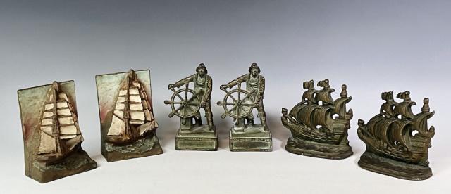 Collection, Antique Cast Metal Bookends, (6pc): Collection of Six Maritime Themed Cast Metal Bookends: (2) Painted cast iron sailing ships, (2) Cast brass Gloucester fishermen, (2) Cast Spanish Galleons. Overall good condition with wear, largest me