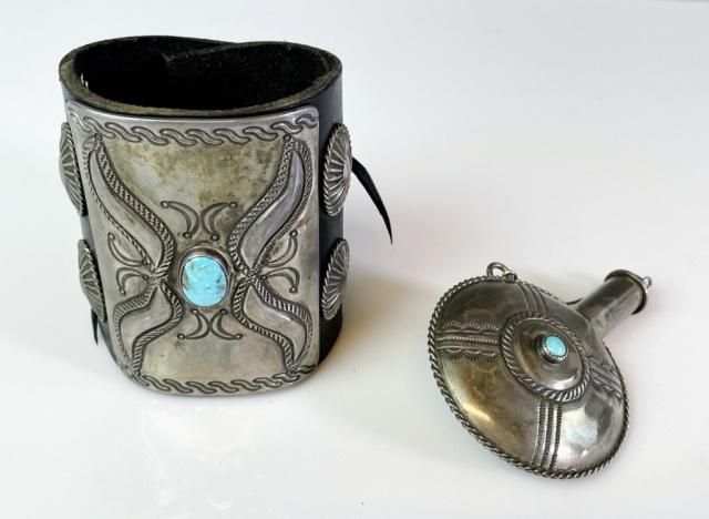 Sterling Silver, Navajo Tobacco Flask, Cuff (2pc): Vintage Silver and Turquoise Tobacco Flask and Archers Cuff: (1) Silver flask with hand chased decoration, set with two turquoise stones and chained stopper, (1) Leather archer's cuff decorated with h