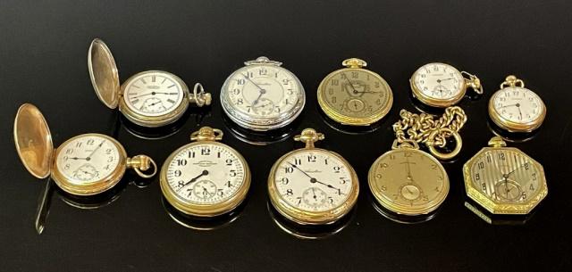 Collection, Antique American Pocket Watches (10pc): Collection of Ten Antique American Pocket Watches. Various makers including: Hamilton Watch Co, Illinois Watch Co. Good overall condition, not running, largest size 16s