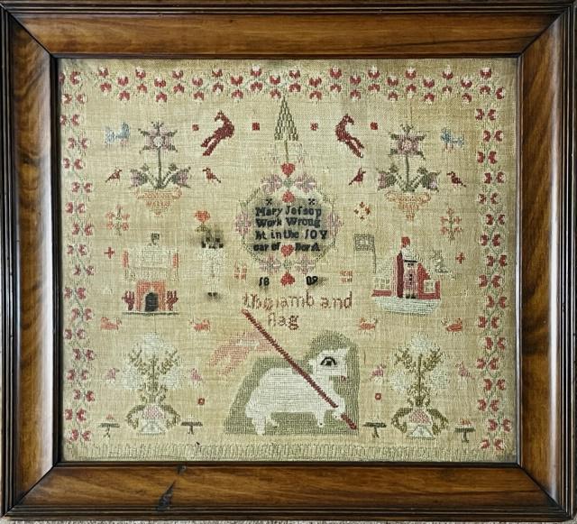 1809 Dated New England Needlework Sampler: 1809 Dated New England Needlework Sampler. Sampler hand embroidered in polychrome thread, signed "Mary Jefsop 1809". Decoration includes animals, birds, flowers, structures and "The Lamb and Flag" Goo