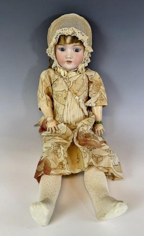 19th C. German Bisque Doll, Halbig: 19th C. German Bisque Headed Doll, Signed "Halbig". Decorated bisque porcelain head with moveable eyes and human hair. Jointed body clothed in petticoat dress and lace bonnet. Good condition with wear