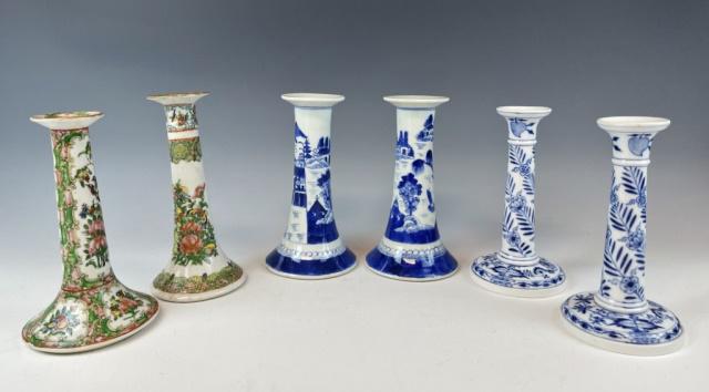 Porcelain Candlesticks, Chinese, German (6pc): Collection of Six Antique Hand Decorated Porcelain Candlesticks: (2) Chinese Canton blue and white candlesticks, (2) Chinese Rose Mandarin candlesticks, (2) German blue and white candlesticks, Meissen