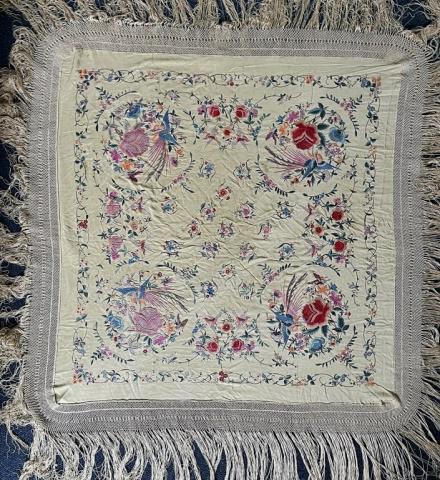 Antique Chinese Embroidered Silk Piano Shawl: Circa 1900 Hand Embroidered Chinese Silk Piano Shawl. White silk with hand embroidered decoration of birds and floral design. Heavy fringe on all sides. Excellent condition, measures: 58" H X 58" W (e