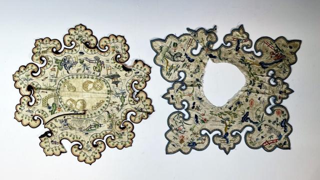 Chinese Qing Dynasty Decorated Silk Collars (2pc): Two Chinese Qing Dynasty Embroidered Silk Collars. Profusely decorated with traditional figures, temples and floral designs. Good condition with wear, larger measures: 18.5" H X 18.5" W.