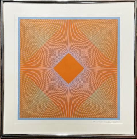 Silkscreen Print on Paper, Richard Anuszkiewicz: Polychrome Silkscreen on Paper, Signed "Anuszkiewicz 1978 76/100. (Richard Anuszkiewicz, American, 1930-2022) Modernist print artist signed in pencil at margin, excellent condition, set in matted fram