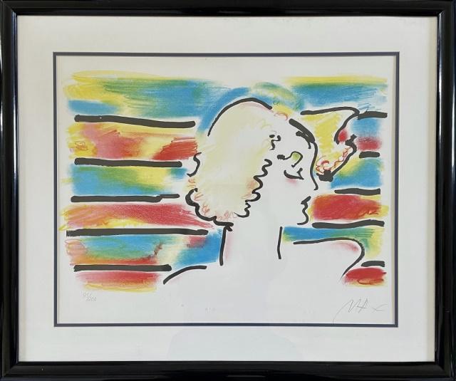 Modernist Lithographic Print, Peter Max: Modernist Lithographic Print on Paper, Signed "Max", (Peter Max, German/American, b.1937). Print titled "Profile" Artwork accompanied by Certificate of Authenticity. Excellent condition, matted and fr