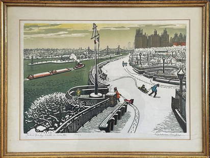 New York Wood Block Print, Woldemar Neufeld: Contemporary New York Wood Block Print, Titled "John Finlay Walk in Winter", Signed "Woldemar Neufeld" (Woldemar Neufeld, Russian - American, 1909-2002). Image of New York , East River in Winter. Good