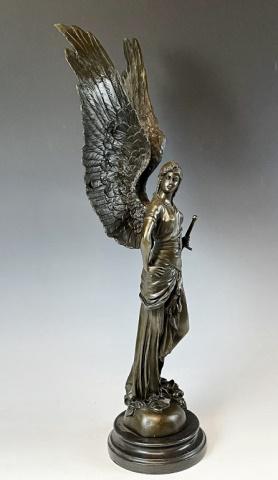 Bronze Figure of Goddess Nike, Pierre Roche: Cast Bronze Figure of Goddess Nike, Signed "P. Roche", (Pierre Roche, French, 1855-1922). Statue of helmed winged figure with sword at side. Good condition, measures: 24.5" H X 10" W X 7" D.
