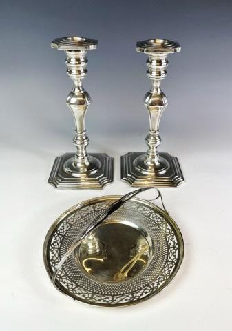 Sterling Silver Candlesticks, Basket (3pc): Collection of Sterling Silver: (2) Weighted Georgian style sterling candlesticks, measure: 9" H, (1) Reticulated sterling basket with swing handle, signed "W" (Whiting), good condition, measures: 2.5"
