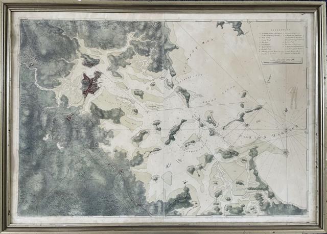 Vintage Lithograph, Boston Harbor, Des Barres: Large 1966 Lithographic Print of 1775 J.F.W. Des Barres Chart of Boston Harbor and Islands. Detailed map of the harbor to outer islands. Good condition set in wooden frame under glass, measures: 32.5"