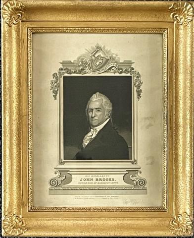 19th C. Engraving Massachusetts Governor Brooks: 19th C. Engraving of Massachusetts Governor Brooks. Framed engraving under glass of Governor John Brooks (Gov. 1816-1823) "Drawn by J.R. Penniman from an Original Painting by James Frothingham. . .Eng